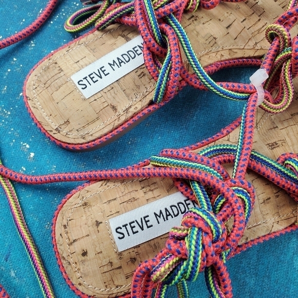 Steve Madden 6.5 Sensible Sandals in Multicolor Pink Blue‎ Yellow tie wrap Ankle - Picture 9 of 11